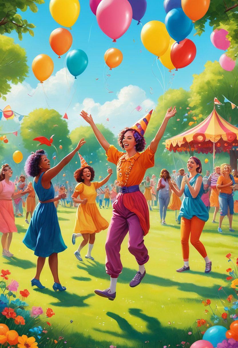 A vibrant scene depicting a diverse group of people engaging in joyful activities like dancing, laughing, and sharing stories in a colorful park setting. Include elements of humor, such as a jester juggling, playful animals, and cheerful decorations like balloons and banners. The atmosphere should radiate positivity and excitement, encouraging a cheerful lifestyle. bright colors. whimsical style.