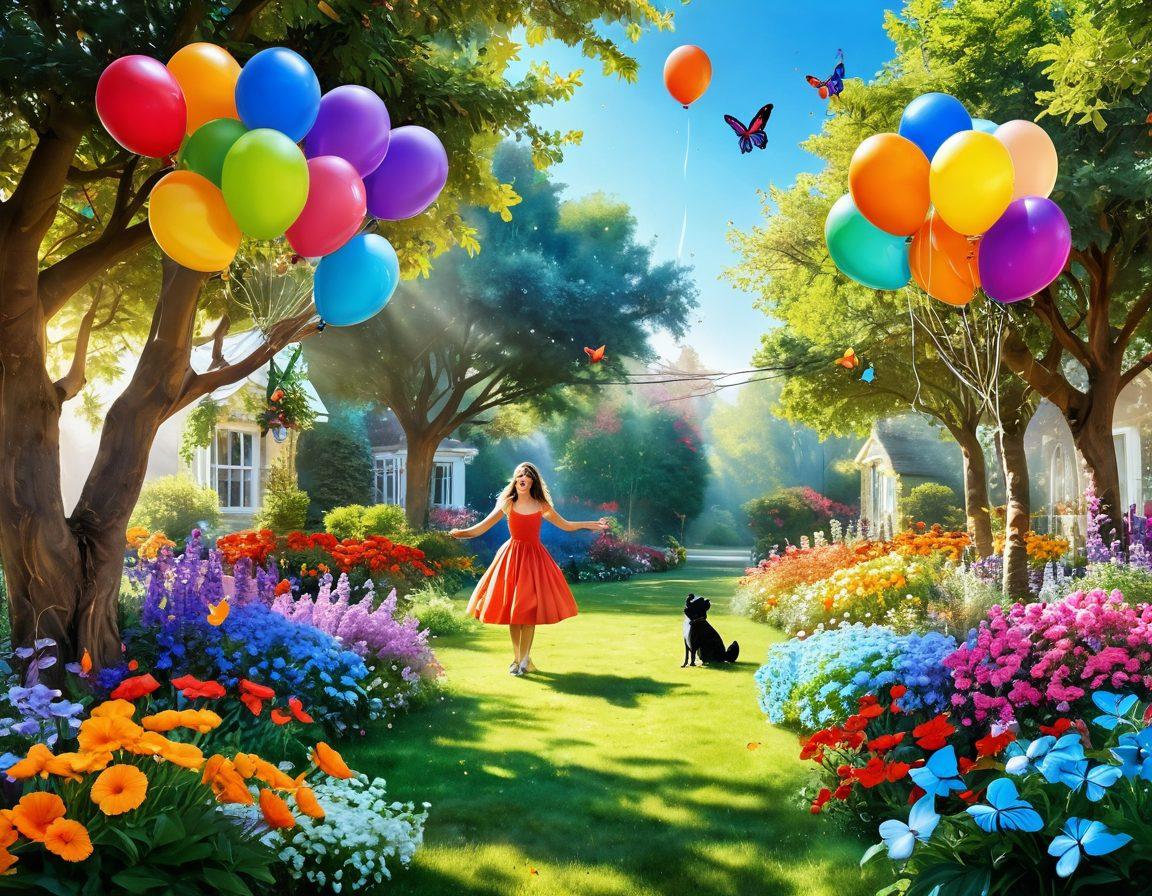 A whimsical scene featuring a vibrant sunlit garden with colorful flowers and playful butterflies, where people of diverse backgrounds are engaging in joyful activities like laughing, dancing, and sharing stories. Incorporate elements of lightness such as balloons, confetti, and radiant smiles all around, evoking a sense of happiness and carefree living. Bright colors, cheerful atmosphere, and an inviting landscape. super-realistic. vibrant colors. cheerful style.