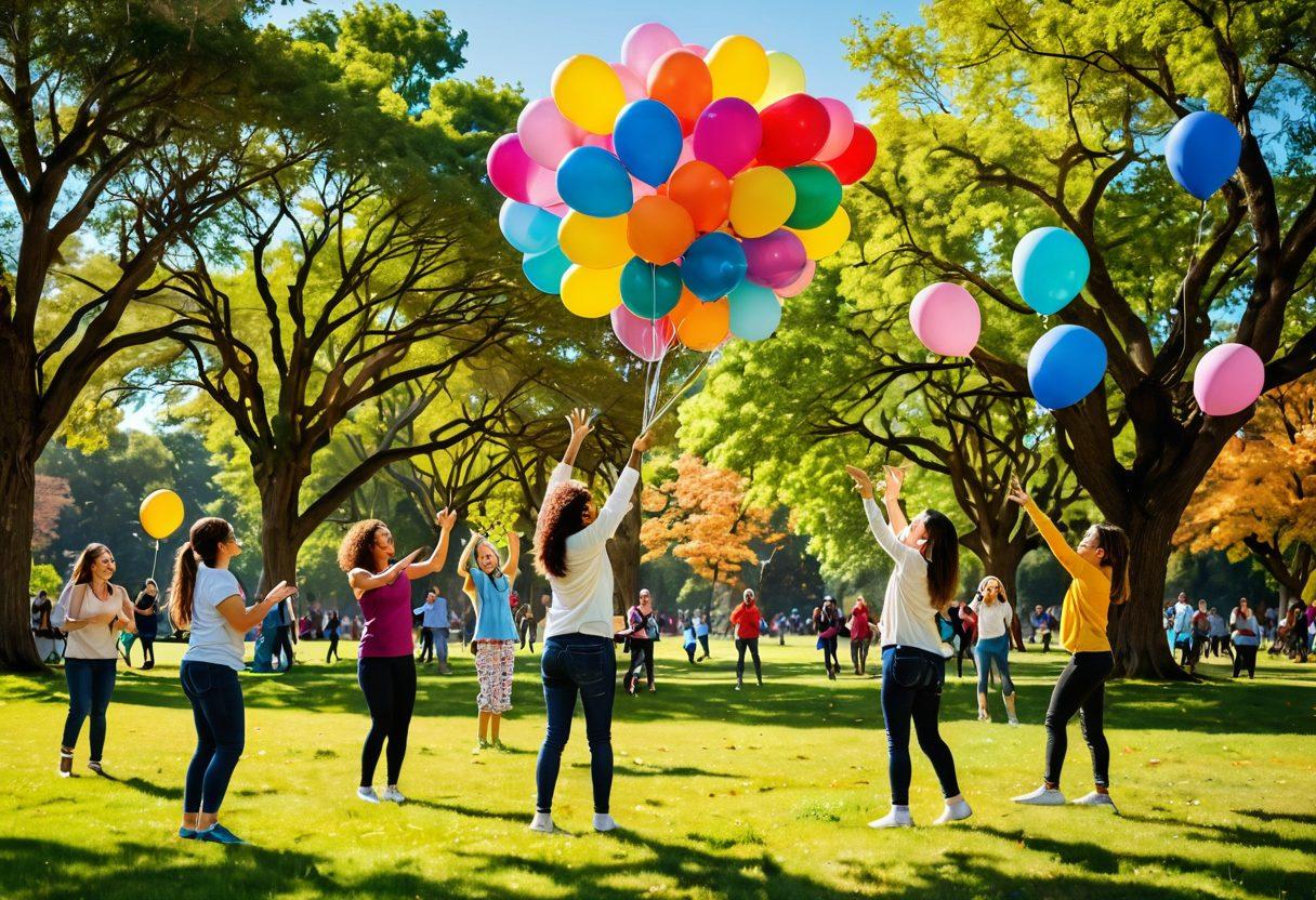 A whimsical scene showcasing a diverse group of people engaged in playful activities like laughter yoga, kite flying, and juggling in a vibrant colorful park setting. The atmosphere is filled with cheerful expressions, bright balloons, and playful animals, emphasizing joy and community. Soft sunlight filters through the trees, creating a warm and inviting ambiance. Illustrative style with vivid colors and soft contours to evoke a sense of happiness. vibrant colors. playful illustration.